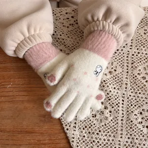 Detailed view of winter warm knit gloves featuring cute rabbit embroidery and soft plush cuffs.