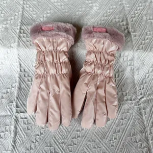 Pink winter warm gloves for women, windproof down cotton fabric with soft plush fur cuffs daily wear.