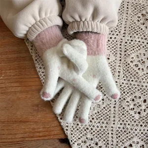 Cute winter knitted gloves with fuzzy cat paw design, warm and soft touch screen gloves.