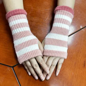 Knit fingerless gloves for women winter striped arm warmers soft comfortable stylish
