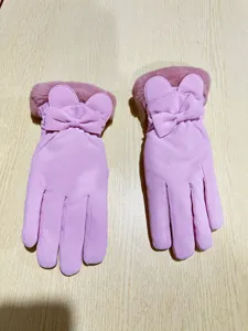 Guanti invernali rosa in peluche caldi touch screen con grazioso fiocco donna.