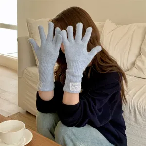 Korean style long knit gloves with lace wrist detail, warm winter touch screen design for women.