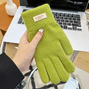 Green knitted touch screen winter gloves for women warm thick candy color five finger