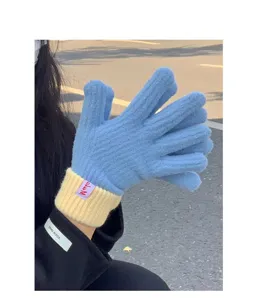 Women winter knit cashmere gloves touchscreen warm thick blue yellow split finger gloves