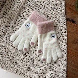 Cute winter knit touch screen gloves with fluffy pink cuffs and sweet rabbit embroidery.
