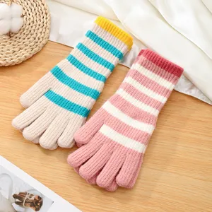 Women winter warm knit gloves, colorful striped long fingerless knitted wool hand warmers.