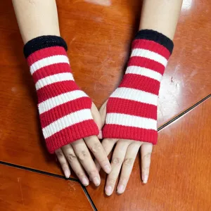 Knitted arm warmers fingerless gloves autumn winter warm striped long gloves for women