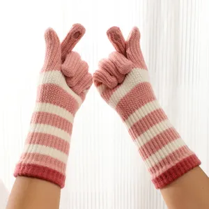 Striped long knit fingerless gloves women winter warm arm warmers cozy knitwear detail