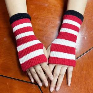 Women Winter Warm Striped Knit Arm Warmers Fingerless Gloves Acrylic Fashion Casual Daily Gloves