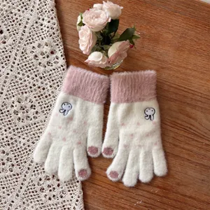 Korean cute embroidered bunny knit touchscreen gloves detail, winter warm plush five-finger gloves.