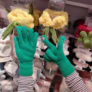 Green winter knitted gloves touchscreen warm thermal fuzzy gloves for women outdoor