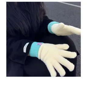 Women winter knitted cashmere touch screen warm plush gloves solid color thick cold-proof