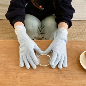 Women warm winter knit fingered gloves with delicate lace cuff trim soft comfortable light blue