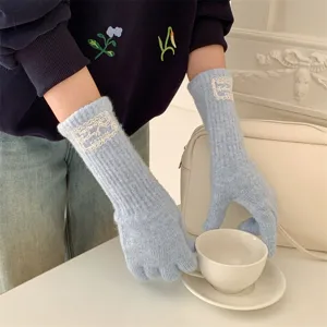 Korean style long lace label knit gloves, winter warm separate finger gloves for women.