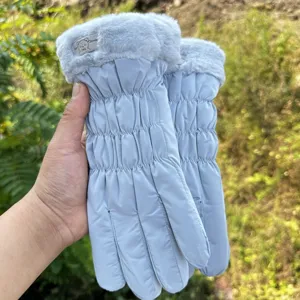 Women winter warm padded gloves down cotton cute plush cuff windproof riding blue details