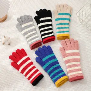 Women winter warm striped knit gloves soft cozy full finger gloves multi color options