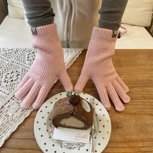 Women Winter Warm Long Gloves Fingerless Solid Color Knit Wool Gloves Cute Bear Patch Fashion Winter Mittens