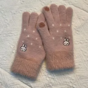 Cute winter knitted touchscreen gloves for women with sweet embroidered rabbit and polka dots.