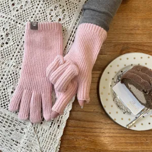 Pink knit fingerless gloves women winter warm minimalist solid color wrist warmers detail