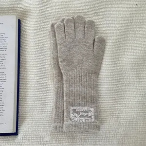 Warm long knit gloves for women winter wool touchscreen split finger gloves with lace label
