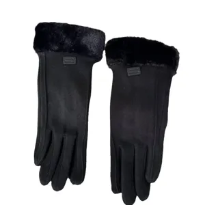 Guantes de invierno cálidos negros para mujer con puños de felpa, guantes a prueba de viento.