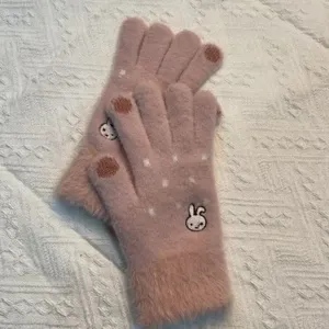 Pink plush knit gloves winter warm touch screen cute rabbit embroidery cozy ladies gifts