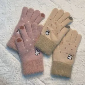 Cute bunny embroidered knit touch screen gloves for women, winter warm plush five-finger gloves.