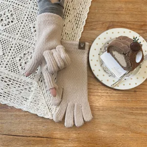Women knit half-finger gloves winter warm solid color versatile knitted gloves warm