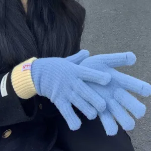 Women Winter Warm Touch Screen Fingered Gloves Imitation Cashmere Colorblock Knitted Gloves Daily Wear