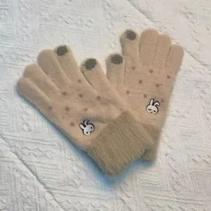 Korean style embroidered rabbit knit touch screen gloves for women winter warm wool mittens