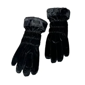 Women winter warm gloves black glossy windproof fleece lined plush cuff outdoor riding