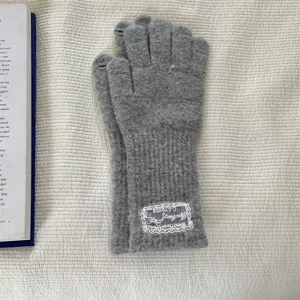 Grey knitted long gloves with lace embroidered patch, warm winter touch screen design.