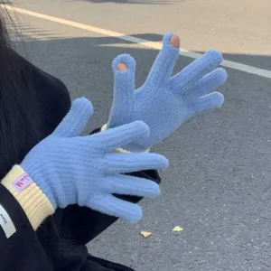Blue winter knitted gloves for women, fuzzy touch screen warm thick convertible finger design.