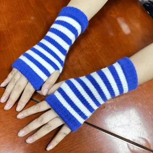 Knitted striped fingerless gloves for women winter warm arm warmers fashion knitwear