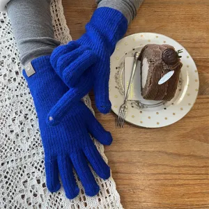 Cozy royal blue knit gloves for women, long fingerless winter warm gloves with cute bear tag.