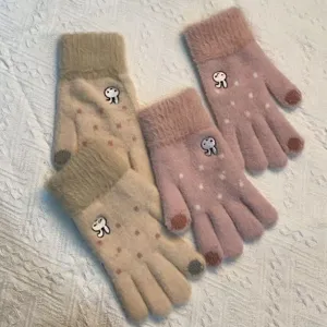 Korean style cute rabbit embroidered plush knit gloves winter warm touchscreen gloves for women