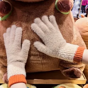 Fluffy knit winter gloves for women warm touchscreen fleece lined mittens orange cuff stylish daily wear