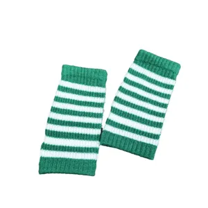 Green white striped knitted arm warmers autumn winter warm fingerless gloves for women.