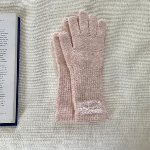 Pink knitted long split-finger gloves with lace label, warm winter thermal touch screen.