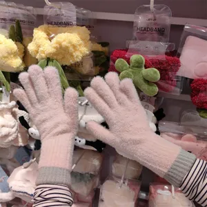Winter plush split-finger gloves, cozy knitted warm gloves for women daily wear.