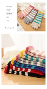Knit striped fingerless gloves for women, winter warm long arm warmers, cozy wool.
