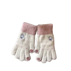 Korean style cute embroidered rabbit knit touch screen winter warm gloves for women.