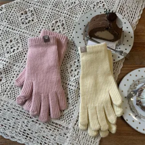 Women winter knitted warm long gloves solid color cozy cute bear patch gloves detail