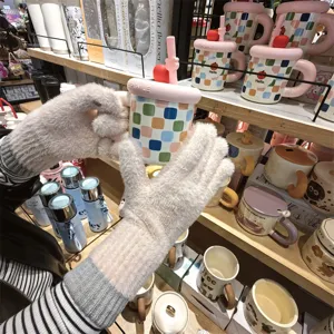 Winter warm fuzzy knit gloves for women, fleece-lined soft touchscreen split-finger gloves.