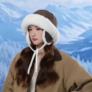 Winter thermal plush fisherman hat with ear flaps, windproof quilted bucket hat for cold weather.