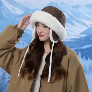 Winter quilted ear-flap plush basin hat, thick warm windproof outdoor snow cap for adults.