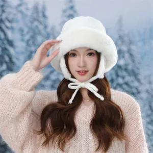 Winter plush earflap bucket hat with chin ties, thick warm fleece cozy design for cold weather.