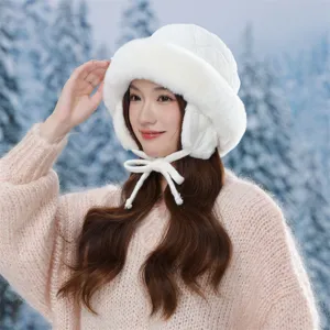 Winter warm plush bucket hat with earflaps, thick fleece lined windproof hat for women.