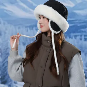 Winter warm bomber hat for women men, thick plush faux fur earflap bucket hat windproof snow cap