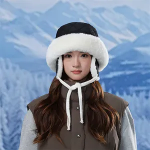 Winter warm plush trapper hat with ear flaps, windproof thick bucket hat for women and men.